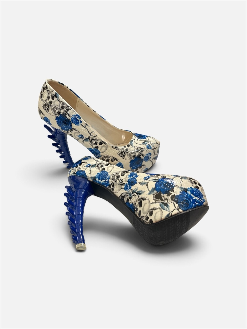 Show Story Blue Skull Rose Spine Bone Heel Platform Pumps Size 8.5